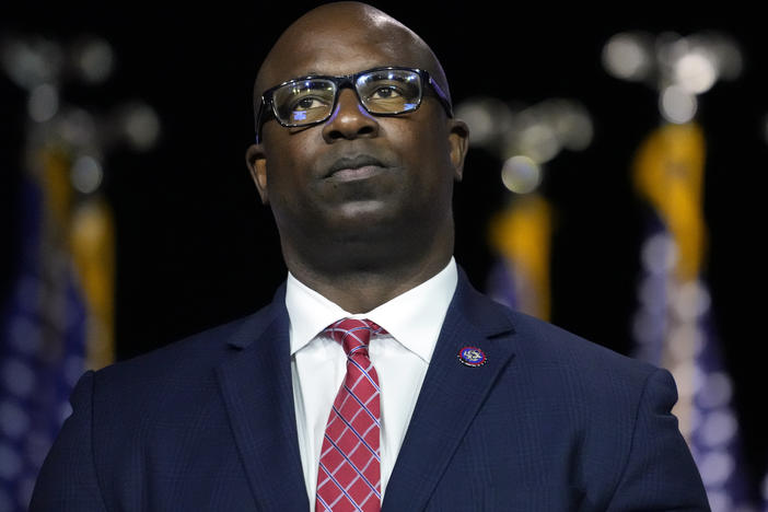 Rep. Jamaal Bowman, D-N.Y., listens to fellow speakers before President Joe Biden speaks during an event at SUNY Westchester Community College, May 10, 2023, in Valhalla, N.Y.