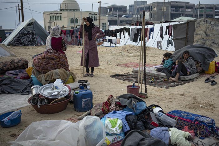 Palestinians displaced by the Israeli ground offensive in the Gaza Strip arrive in the Mawasi area on Thursday.