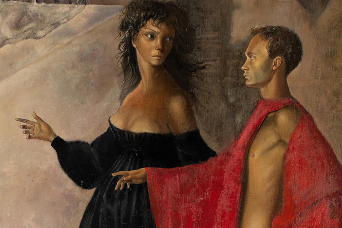 <em>Dans la tour (In the Tower)/Self-Portrait of Leonor Fini with Constantin Jelenski</em>, 1952, oil on canvas