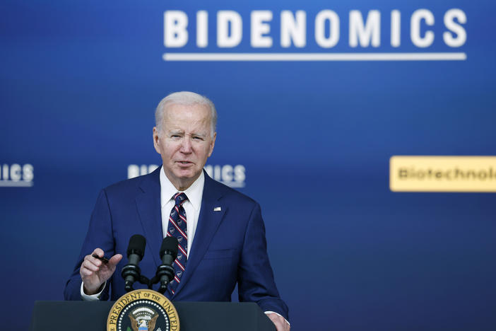 President Biden speaks during an event in Washington in October arguing for his administration's "Bidenomics" agenda. But Biden has struggled to convince voters his agenda is helping.