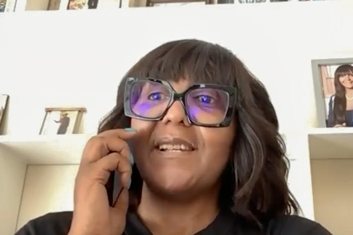 Ndileka Mandela, the eldest of Nelson Mandela's grandchildren, during her Zoom interview with NPR. A climate activist, she had spoken at COP28 earlier in the week, the climate summit, and returned home to Johannesburg to mark the 10th anniversary of her grandfather's passing.