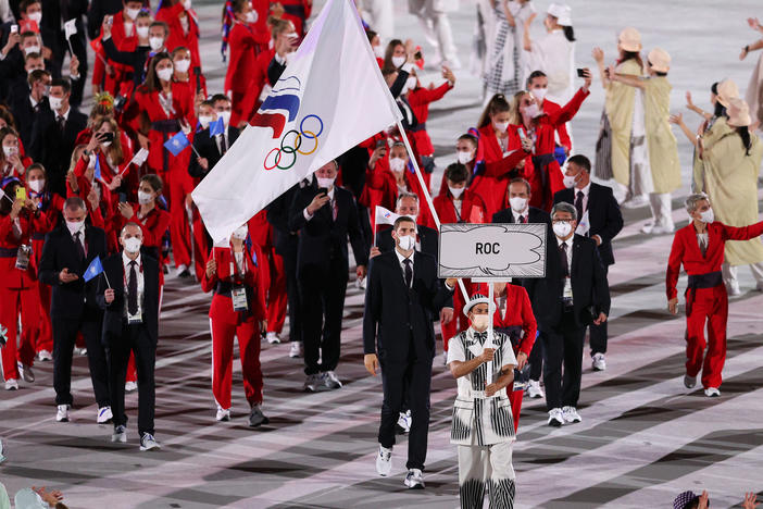 Flag bearers Sofya Velikaya and Maxim Mikhaylov of Team ROC (Russian Olympic Committee) participate in the Opening Ceremony of the 2020 Olympic Games at Olympic Stadium in Tokyo, on July 23, 2021.