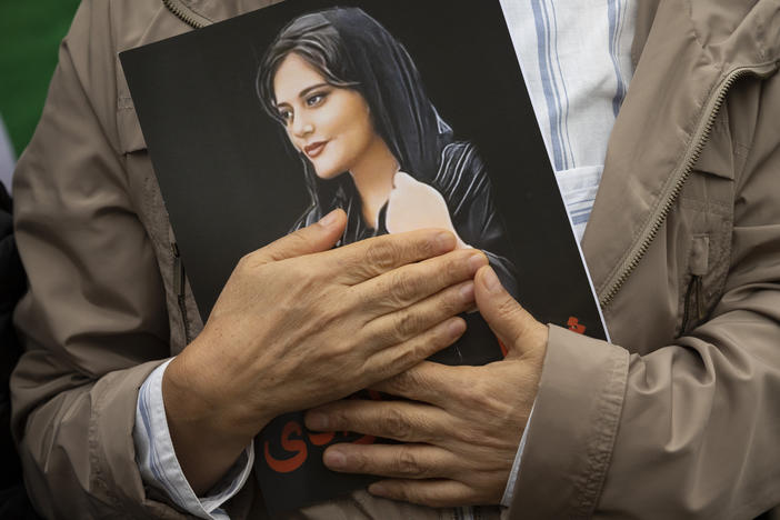 A portrait of Mahsa Amini is held during a rally in Washington, on Oct. 1, 2022. Amini, who also went by her Kurdish name, Jina, died in police custody in Iran last year, sparking worldwide protests against the country's conservative Islamic theocracy. She was awarded the European Union's top human rights prize on Thursday, Oct. 19, 2023.