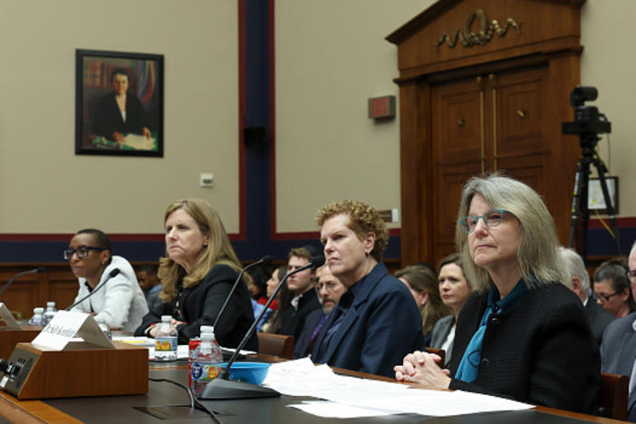 From left, Claudine Gay, president of Harvard University; Liz Magill, president of University of Pennsylvania; Pamela Nadell, professor of history and Jewish studies at American University; and Sally Kornbluth, president of Massachusetts Institute of Technology, testify before the House Education and Workforce Committee on Dec. 5 in Washington, D.C.