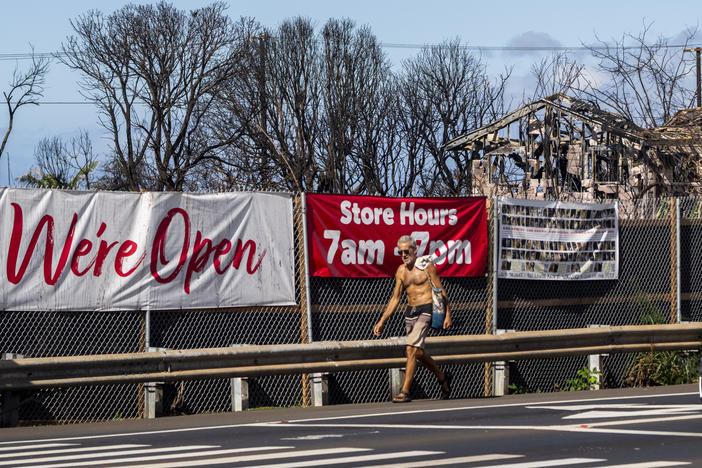 Properties destroyed by wildfire sit behind signs advertising for a nearby Safeway that survived the fire, Wednesday, Dec. 6, 2023, in Lahaina, Hawaii.