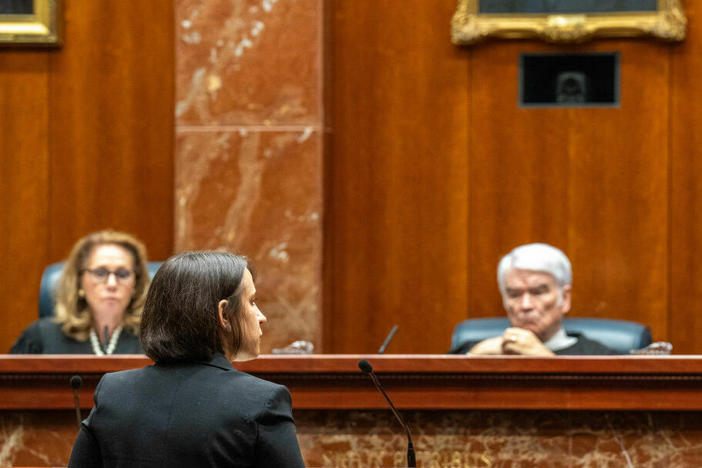 Center for Reproductive Rights attorney Molly Duane speaks before the Texas Supreme Court in Austin on Nov. 28. The court ruled in a different abortion case on Monday.