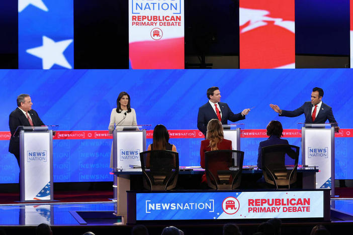 Republican presidential candidates (from left) former New Jersey Gov. Chris Christie, former U.N. Ambassador Nikki Haley, Florida Gov. Ron DeSantis and Vivek Ramaswamy participate in the NewsNation Republican Presidential Primary Debate at the University of Alabama on Dec. 6 in Tuscaloosa.
