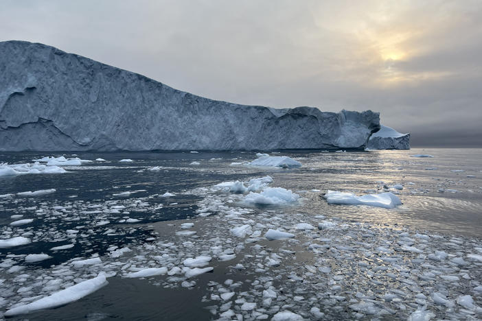 Large icebergs and smaller pieces of ice melt in the ocean waters near Ilulissat, Greenland on Sept. 7, 2023. The icebergs broke free from Sermeq Kujalleq, one of the largest and fastest moving Greenland outlet glaciers. Ice loss from Greenland has increased substantially during the 21st century and continued in 2023.