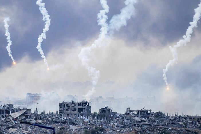 Smoke billows after an Israeli strike on north Gaza on November 22, 2023. Israel says it is using artificial intelligence to find targets.