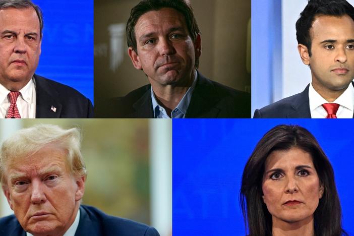 Clockwise, from top left: former N.J. Gov. Chris Christie, Florida Gov. Ron DeSantis, Vivek Ramaswamy, former U.N. Ambassador Nikki Haley and former President Donald Trump.