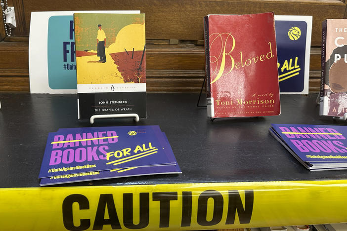 A display of some books that have been challenged around the country is seen at the Mott Haven branch of the New York Public Library in the Bronx, New York City, Oct. 7.