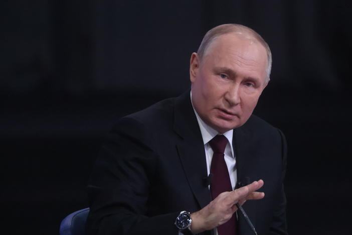 Russian President Vladimir Putin gestures during his combined call-in-show and annual press conference, on Dec. 14, in Moscow, Russia.