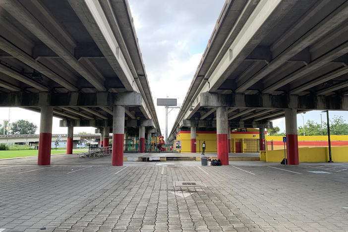Hunter's Field Playground sits beneath the Claiborne Expressway in New Orleans on July 18, 2023. Opened nine years ago, the playground is one of the monitoring sites of a new EPA study on the health impacts of the expressway.