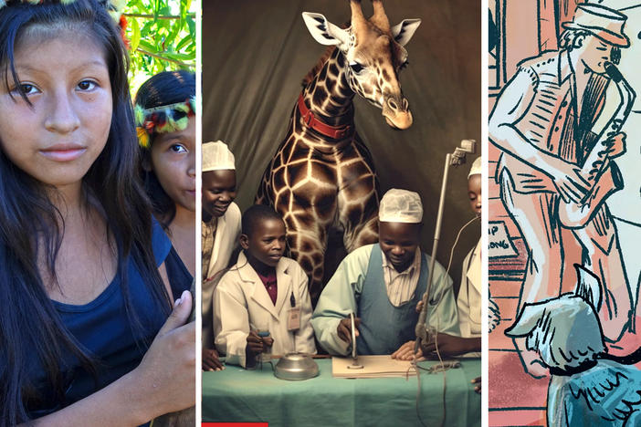 Images from some of our most popular global stories of 2023 (left to right): A woman from Brazil's Awa people holds her bow and arrow after a hunt; an artificial intelligence program made this fake photo to fulfill a request for "doctors help children in Africa" â AI added the giraffe; researchers are learning that a stranger's hello can do more than just brighten your day.