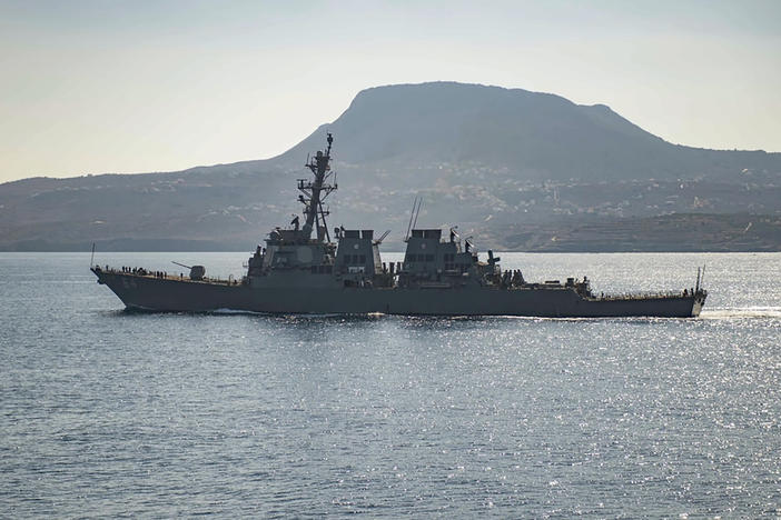 The guided-missile destroyer USS Carney in Souda Bay, Greece. The U.S. military said the ship shot down drones launched from Houthi-controlled areas of Yemen on Saturday.