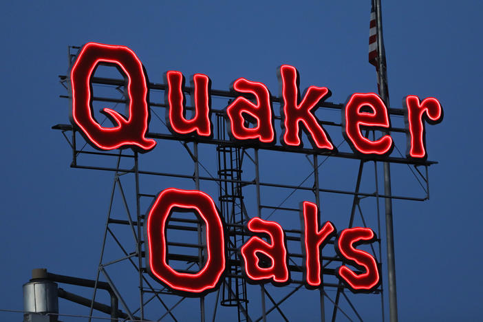 The Quaker Oats sign is seen in Cedar Rapids, Iowa in June 2021. Quaker Oats on Friday, Dec. 15, 2023, recalled several of its granola products, including granola bars and cereals, saying the foods could be contaminated with salmonella.