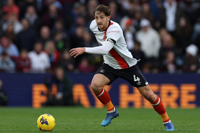 Tom Lockyer of Luton Town during the Premier League match between Aston Villa and Luton Town at Villa Park on October 29, 2023 in Birmingham, England.