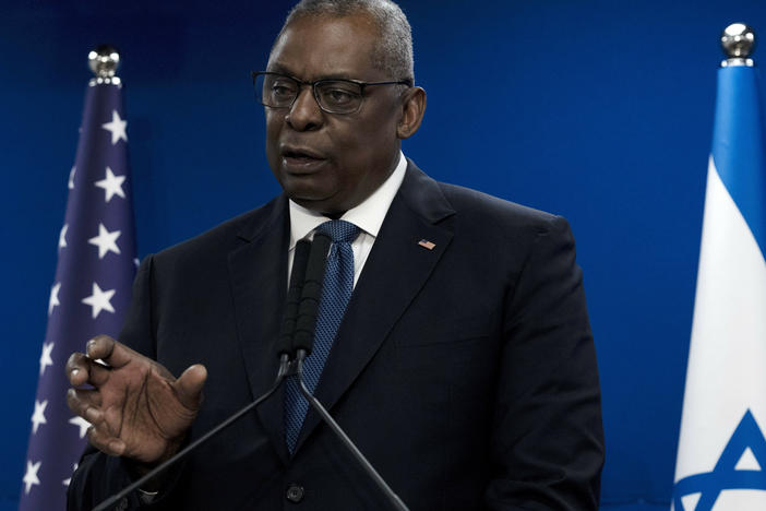 U.S. Secretary of Defense Lloyd Austin makes a joint statement with Israel Minister of Defense Yoav Gallant, after their meeting about Israel's military operation in Gaza, in Tel Aviv, Israel, Monday, Dec. 18, 2023.