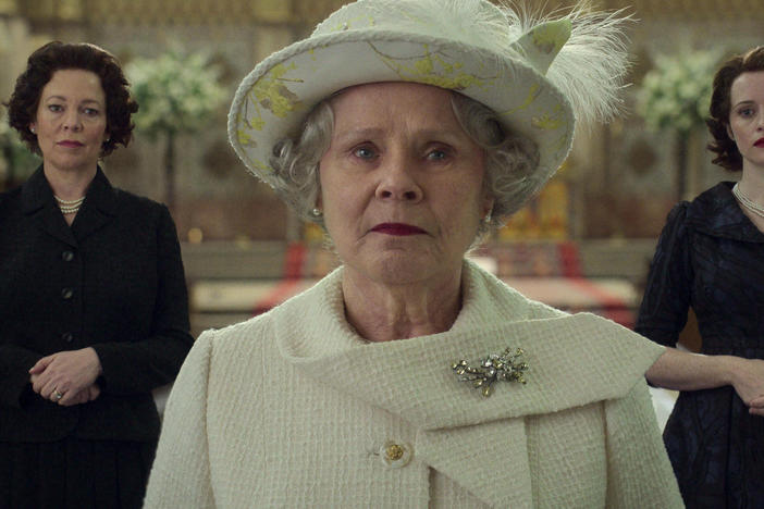 Queen Elizabeth II, as portrayed by Olivia Colman (left) Imelda Staunton (center) and Claire Foy (right).