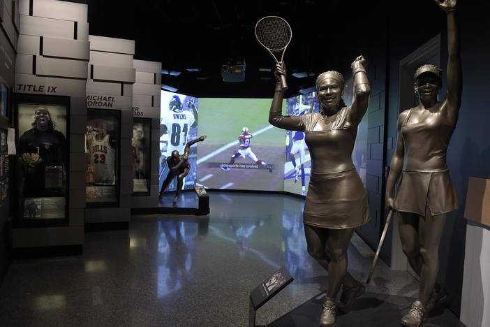 A statue of the Williams sisters, Serena and Venus, is part of the sports exhibit at the National Museum of African American History and Culture in Washington, Wednesday, Sept. 14, 2016.