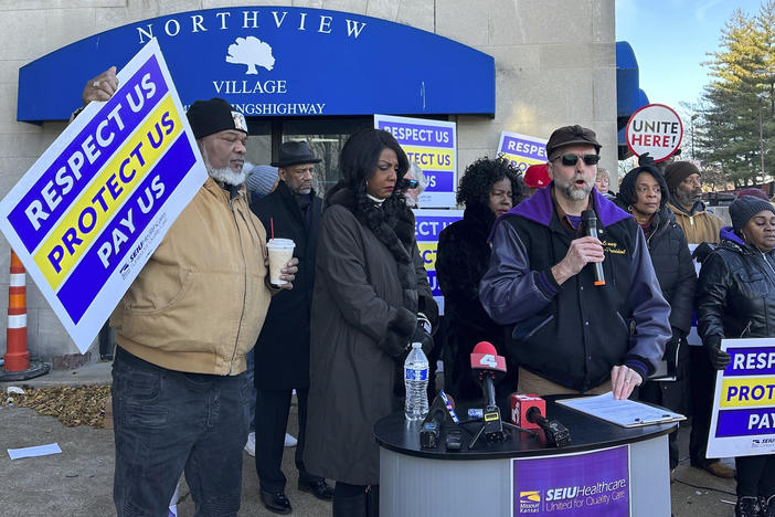 Supporters of Northview Village Nursing Home gather in St. Louis on Tuesday to show support for displaced residents and the employees left jobless by the facility's sudden closure.