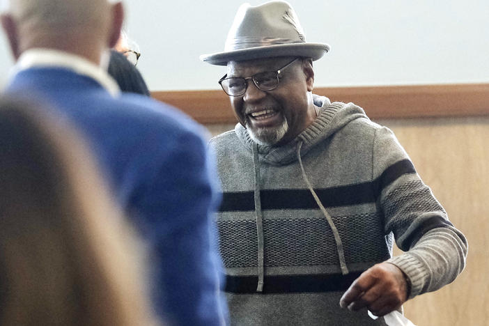 Glynn Simmons reacts as he leaves court after a judge ruled to approve his "actual innocence" claim during a hearing at the Oklahoma County Courthouse on Tuesday, Dec. 19, 2023, in Oklahoma City, Okla.