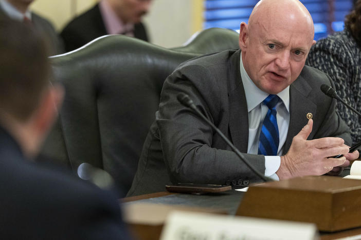 Sen. Mark Kelly, D-Ariz., speaks during a hearing of a Senate Armed Services Committee subcommittee. A combat veteran, Kelly called on the U.S. Marines to explain why wounded troops weren't told the truth about a friendly fire incident in Iraq in 2004.
