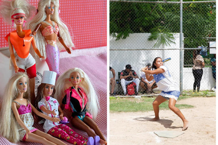 Left to right: Barbies in India; Maya softball players in Mexico; walking on a frozen fountain in the mountains of Pakistan, where efforts are underway to revive the ancient art of glacier mating.