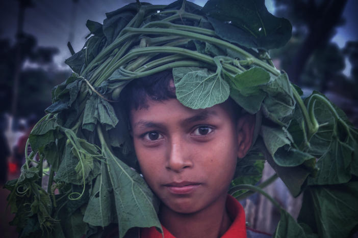 Arfat Ahmed, age 10, photographed on Nov. 8, 2022 as he returns to his family's dwelling with gourd leaves to cook for dinner. This is one of the photos by the four Rohingya photographers honored for drawing attention to the plight of what the U.N. has called the "world's most persecuted minority."