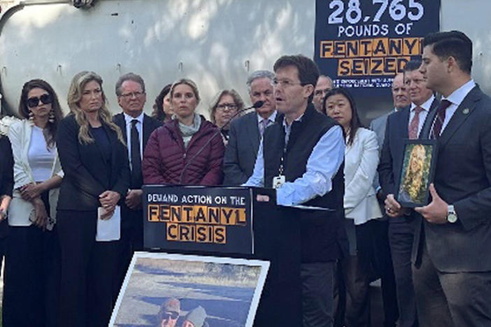 Matt Capelouto, whose daughter died from a fentanyl overdose, speaks at a news conference outside the Capitol in Sacramento, Calif., Tuesday, April 18, 2023. Capelouto is among dozens of protesters who called on the Assembly to hear fentanyl-related bills as tension mounts over how to address the fentanyl crisis. (AP Photo/Tran Nguyen)