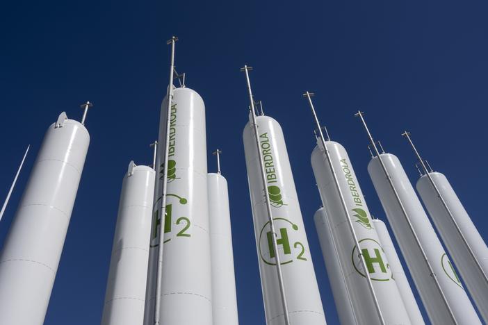 Hydrogen storage tanks are visible at the Iberdrola green hydrogen plant in Puertollano, central Spain, on March 28. The Biden administration on Friday released its highly anticipated proposal for how the U.S. plans to dole out tax credits to hydrogen producers.