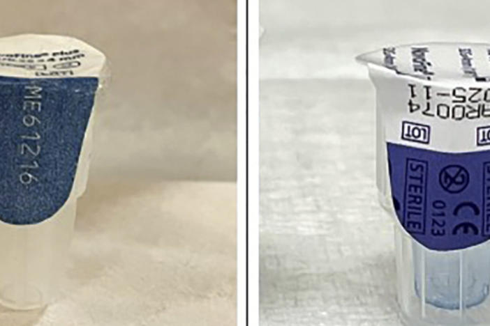 This photo combo provided by the U.S. Food and Drug Administration shows an authentic Ozempic needle (left) and a counterfeit needle (right). The FDA said it has seized "thousands of units" of counterfeit Ozempic, the diabetes drug widely used for weight loss, that had been distributed through legitimate drug supply sources.
