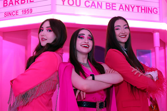 Kelsey, Kristen and Kaylen Kassab of The K3 Sisters Band in front of the Barbie Theater at World of Barbie at Stonebriar Centre Mall on in Frisco, Texas.