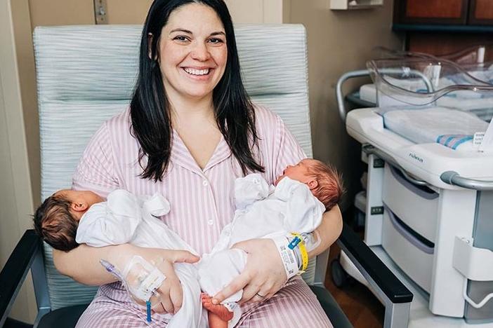 Kelsey Hatcher, 32, delivered twins, Roxi and Rebel, on Dec. 19 and 20, in what's known as a dicavitary pregnancy delivery.