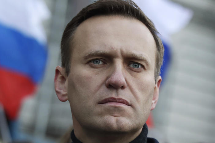 Russian opposition leader Alexei Navalny takes part in a march in Moscow on Feb. 29, 2020. Associates say he has been located at a prison colony above the Arctic Circle nearly three weeks after contact with him was lost.