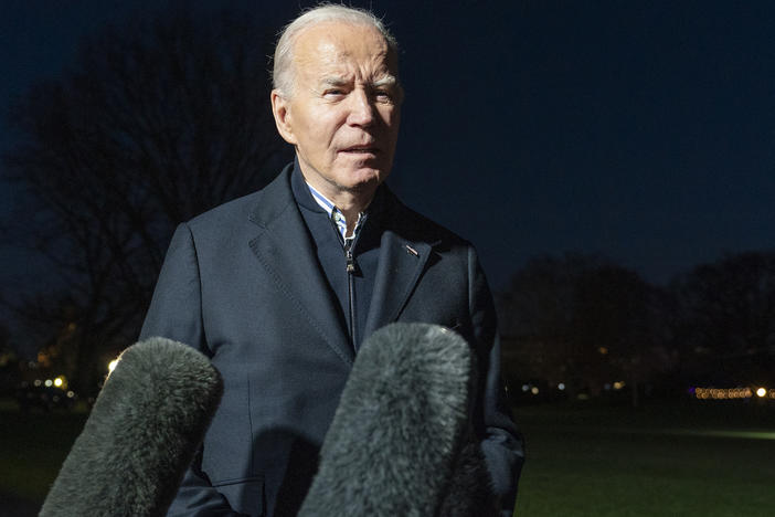 President Biden answers a reporter's question as he walks from Marine One upon arrival on the South Lawn of the White House, Dec. 20, 2023, in Washington, D.C.