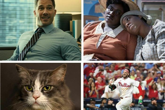 Clockwise from left:<em> Cocaine Bear, </em>Luke Macfarlane in <em><em>Platonic,</em></em> Danielle Brooks and Fantasia Barrino in<em> The Color Purple, </em>Bryce Harper of the Philadelphia Phillies<em>, </em>the cover of the book <em>Starter Villain,</em> Jessica Williams in<em> Shrinking.</em>