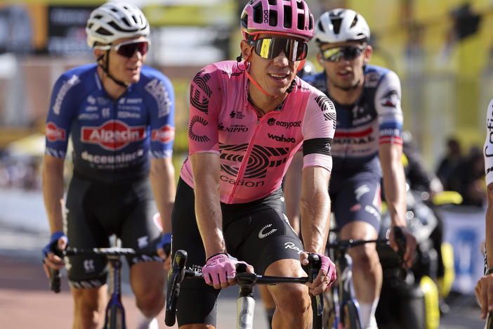 Rigoberto Urán crosses the finish line of stage 12 of the 110th Tour de France, July 13, 2023, in Belleville-en-Beaujolais, France.