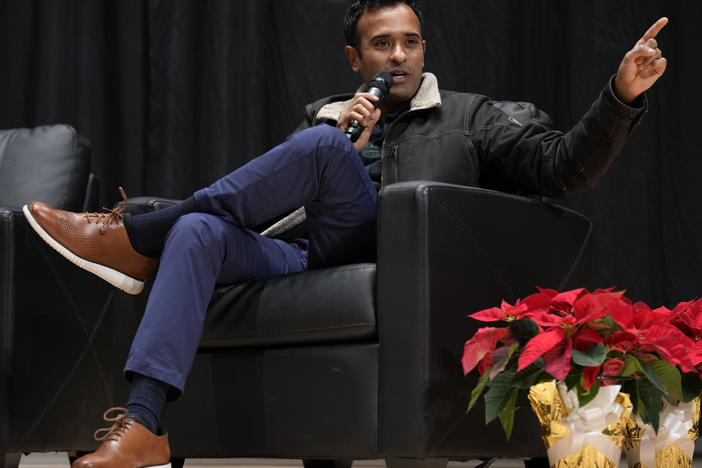 Republican presidential candidate Vivek Ramaswamy speaks during a candidate forum on Dec. 9 in Sioux Center, Iowa.