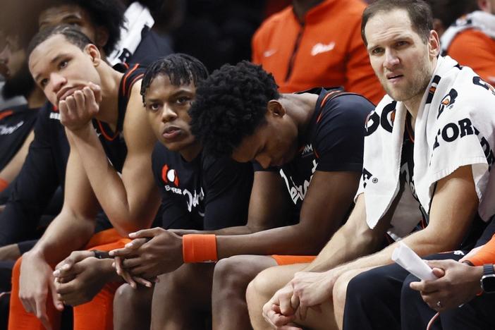 Detroit Pistons forward Kevin Knox II (from left) guard Marcus Sasser, forward Ausar Thompson and forward Bojan Bogdanovic sit on the bench during the fourth quarter of a 118-112 loss to the Brooklyn Nets on Tuesday in Detroit.
