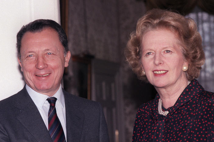 Jacques Delors of France, president of the European Commission, meets Britain's Prime Minister Margaret Thatcher for talks at 10 Downing Street, London, on Nov. 26, 1986. Delors has died in Paris at age 98.