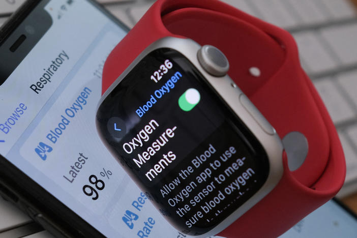 This illustration photo shows an Apple Watch 9 displaying the blood-oxygen level detection settings, in Los Angeles, on Tuesday.