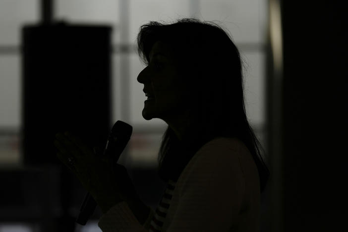 In this file photo, Republican presidential candidate Nikki Haley speaks during a town hall on Dec. 18 in Nevada, Iowa.