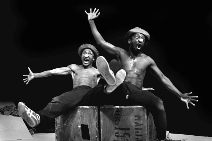 Performers Percy Mtwa, left, and Mbongeni Ngema in a scene from "Woza Albert" at the Market Theatre in Johannesburg, South Africa, in 1981.