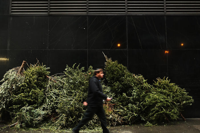 A person passes a pile of discarded Christmas trees along a sidewalk in New York City on Jan. 14, 2014.