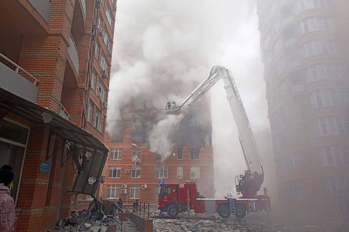 Odesa: Firefighters work to extinguish a fire at a damaged apartment building.