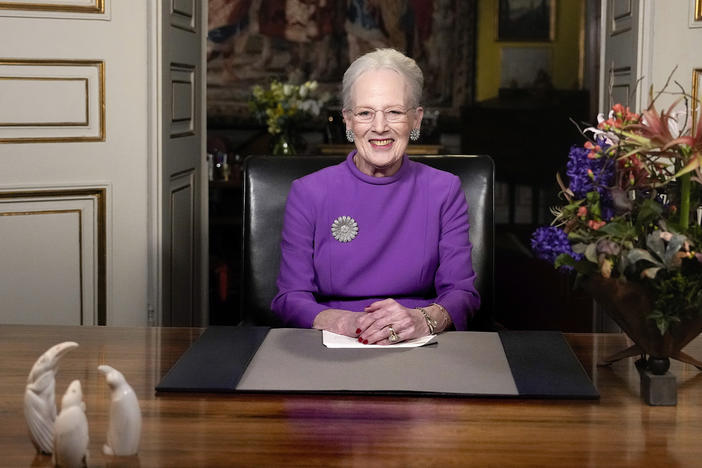 Queen Margrethe II announces her abdication from Christian IX's Palace, Amalienborg Castle, in Copenhagen, on Sunday, Dec. 31 2023, during her New Year's address.