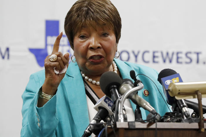 Former U.S. Rep. Eddie Bernice Johnson, D-Texas, died on Sunday. Johnson, pictured in 2019, is seen introducing state Sen. Royce West at a rally where West announced his bid to run for the U.S. Senate, in Dallas.
