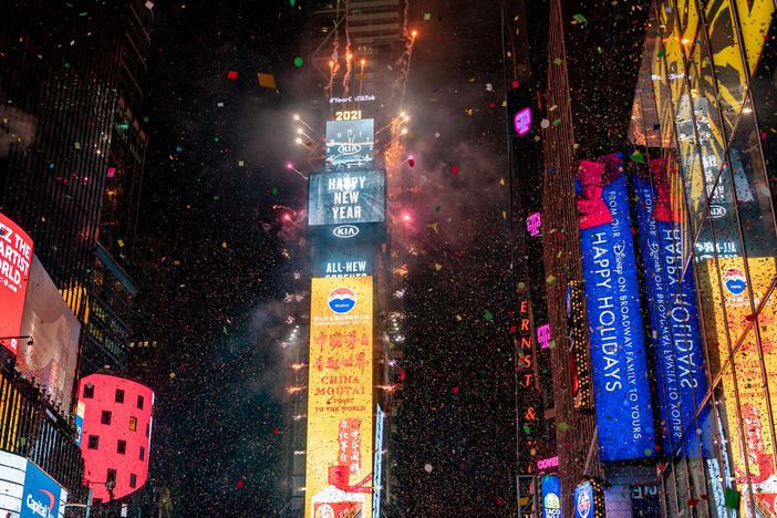 The New Year's Eve ball drops in a mostly empty Times Square on Jan. 1, 2021, in New York City.