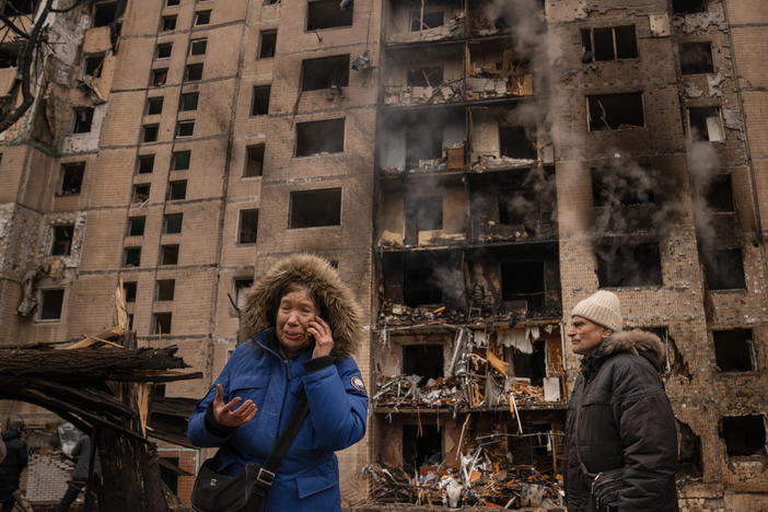 Iryna Karetnykova and her partner Viktor Tyschenko were in the building when it was struck by a Russian missile in Kyiv, Ukraine, on Tuesday.